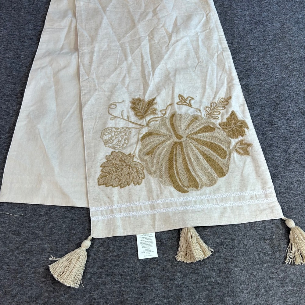 JCPenney Home Pumpkin Embroidered Table Runner 14x72 Fall Decor Tassels Cream